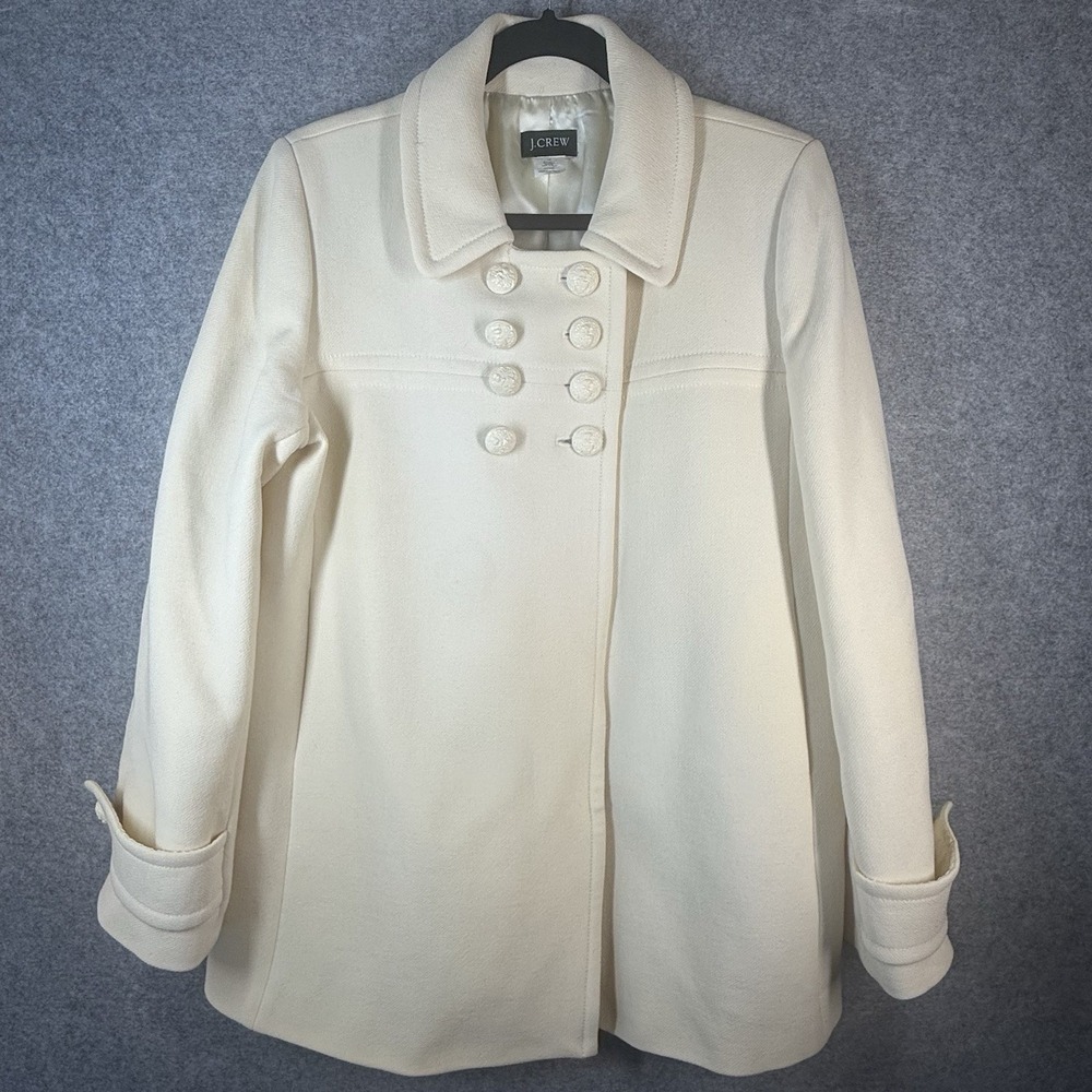 J Crew Womens 14 Ivory Wool Coat Vintage 2008 Military Crest Btns Dble Breasted